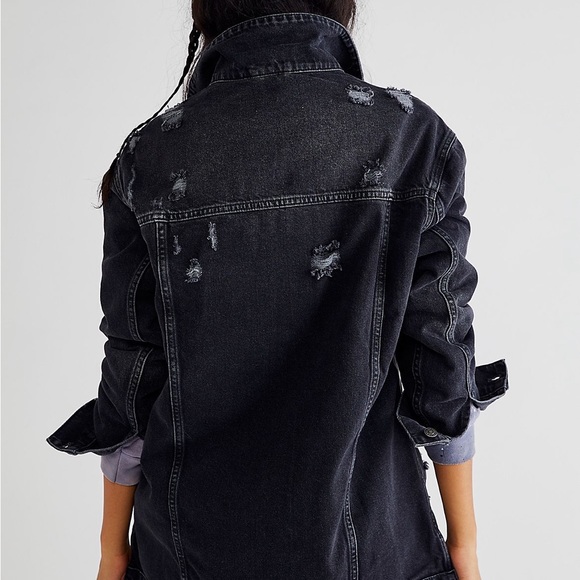 Free people destroyed long and lean trucker jacket